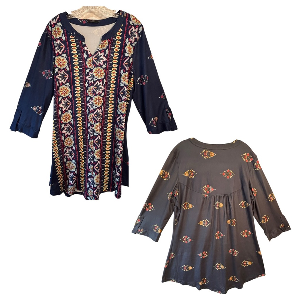 Reborn New York boho floral tunic dress hippie XL 3/4 sleeves blue red yellow